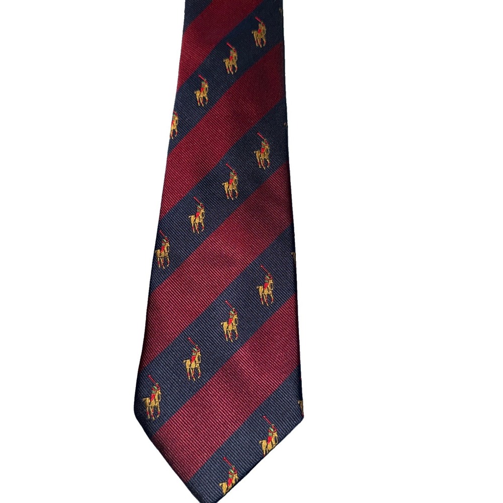 Polo Ralph Lauren Neck Tie Red Navy Striped With Ponies 3 Inch